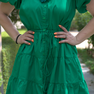 Ruffle Cotton Dress With Puff Sleeves "Shorty" - Green