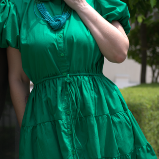 Ruffle Cotton Dress With Puff Sleeves "Shorty" - Green