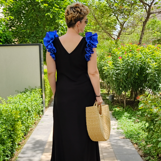 Maxi Summer Dress "Puff Sleeves" - Black & Royal Blue