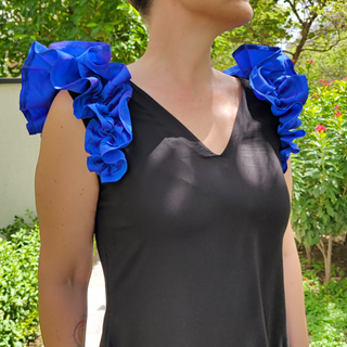 Maxi Summer Dress "Puff Sleeves" - Black & Royal Blue