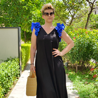 Maxi Summer Dress "Puff Sleeves" - Black & Royal Blue