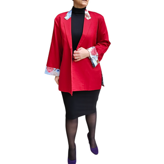 Satin Cotton Women Blazer "Just Add It" - Red with Flowers