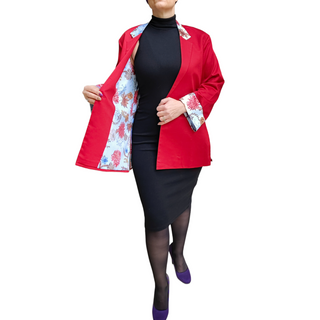 Satin Cotton Women Blazer "Just Add It" - Red with Flowers